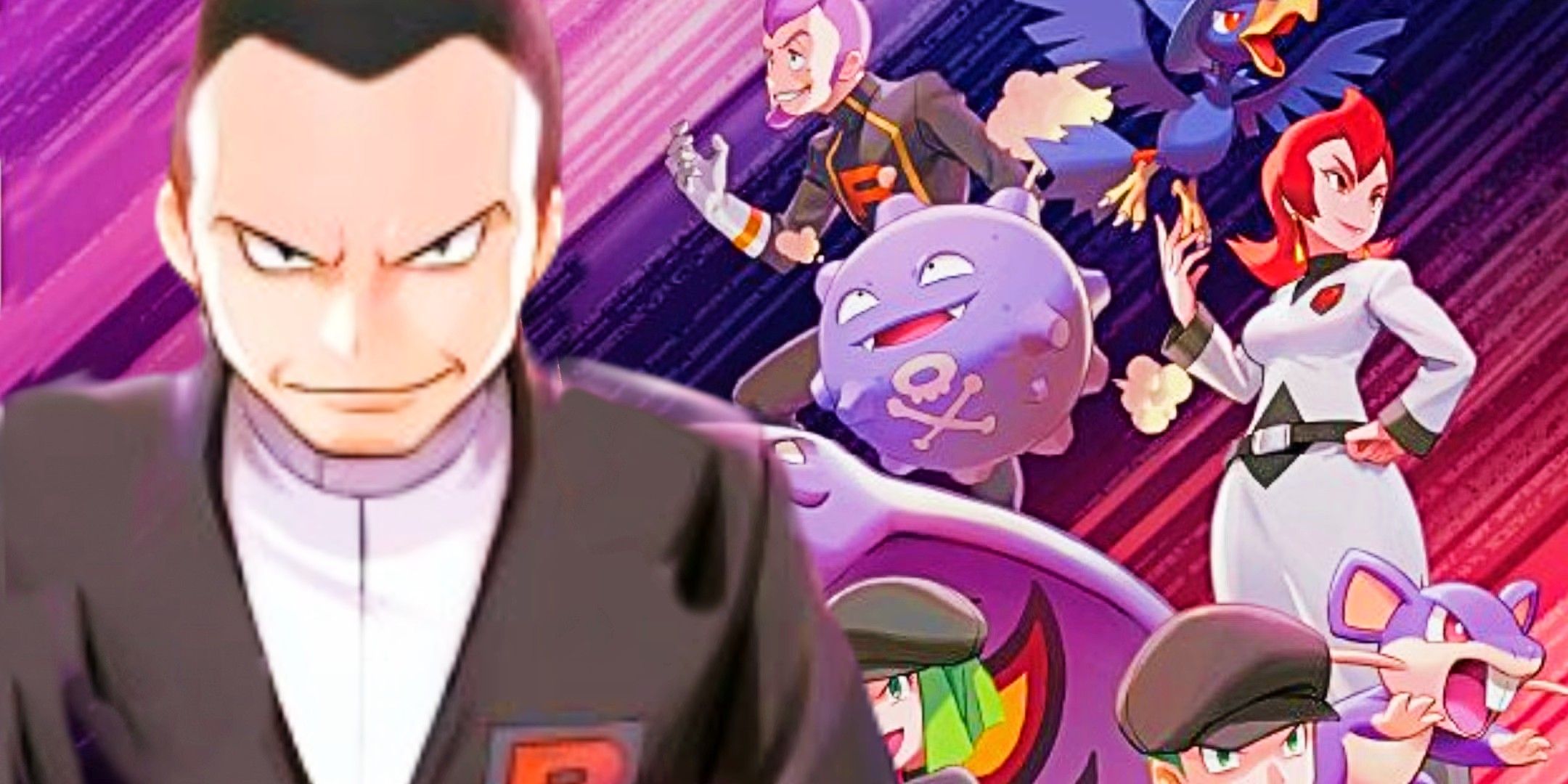 Giovanni in front of Destined Rivals artwork for Pokemon TCG