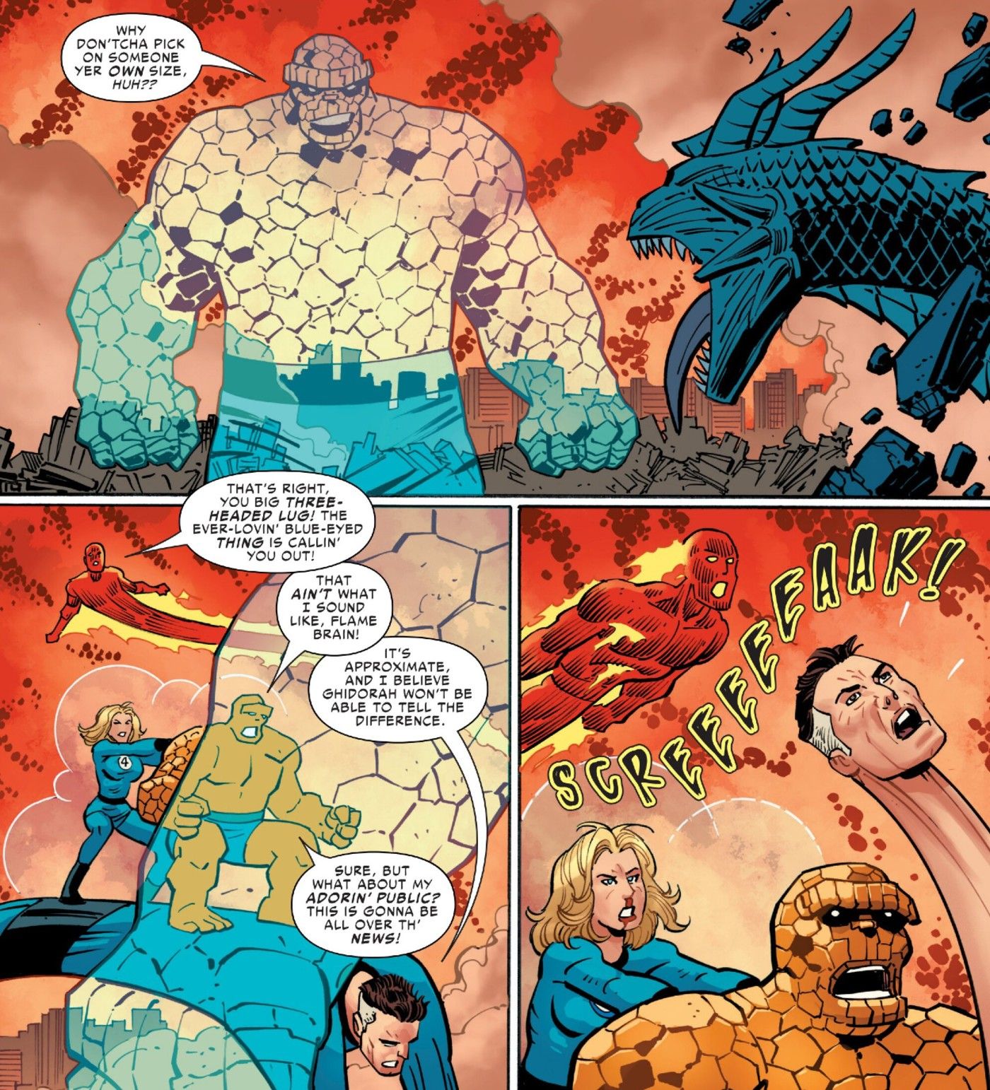 Godzilla vs Fantastic Four #1 Invisible Woman creates a giant Thing hologram to distract King Ghidorah