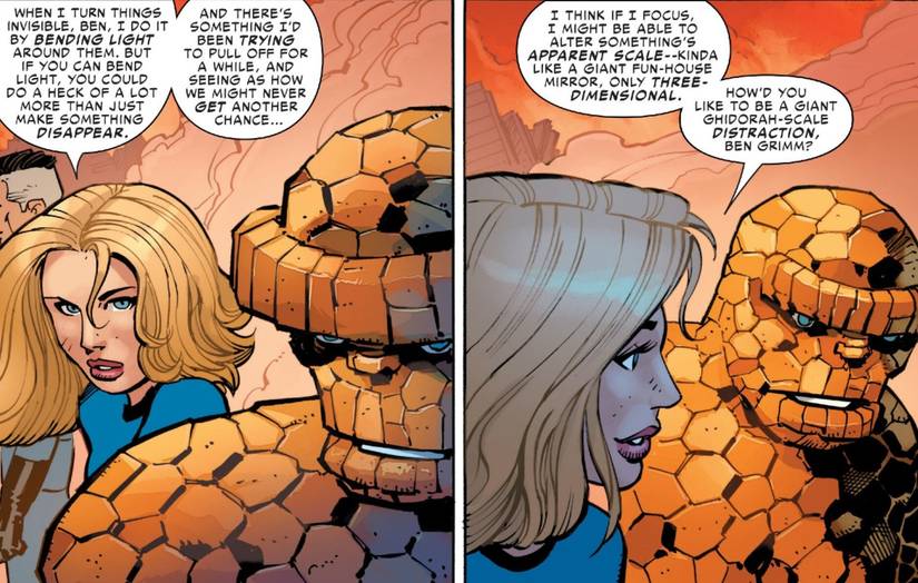 Godzilla vs Fantastic Four #1 Invisible Woman reveals she can use force fields to make large holograms