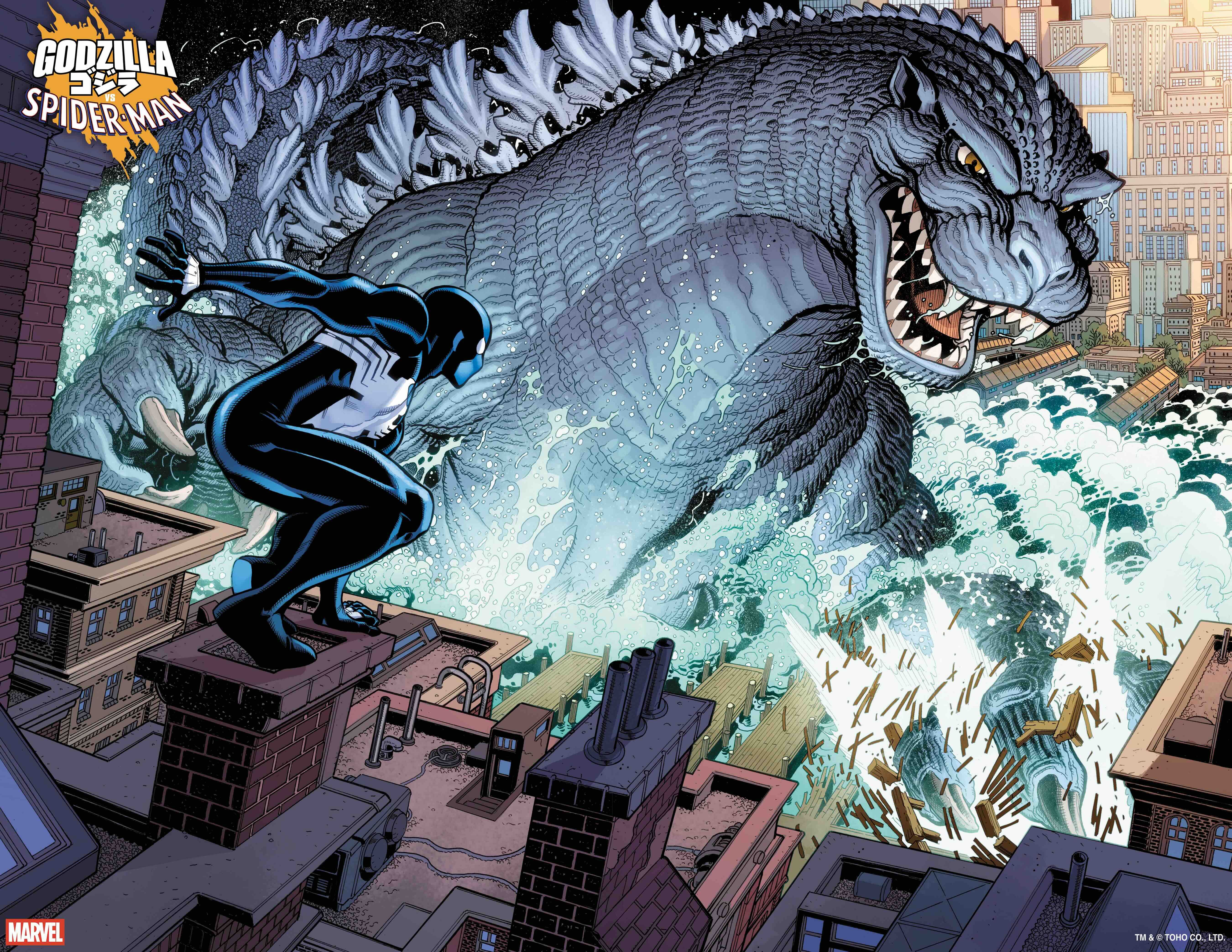 Black Suit Spider-Man prepares to fight Godzilla.