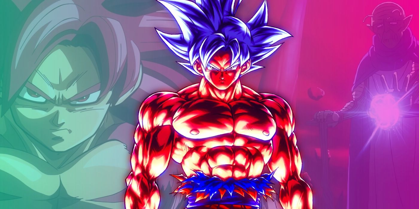Goku in Ultra Instinct form standing. Behind him his Super Saiyan 4 version and Neva can be seen.