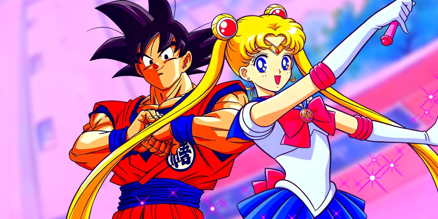 Goku and Serena standing side by side. Behind them, Serena's high school can be seen.
