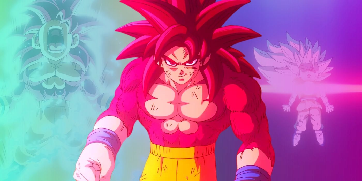 Goku in Super Saiyan 4 form smiling as he battles an enemy. Behind him, the images of the transformation&rsquo;s birth can be seen.