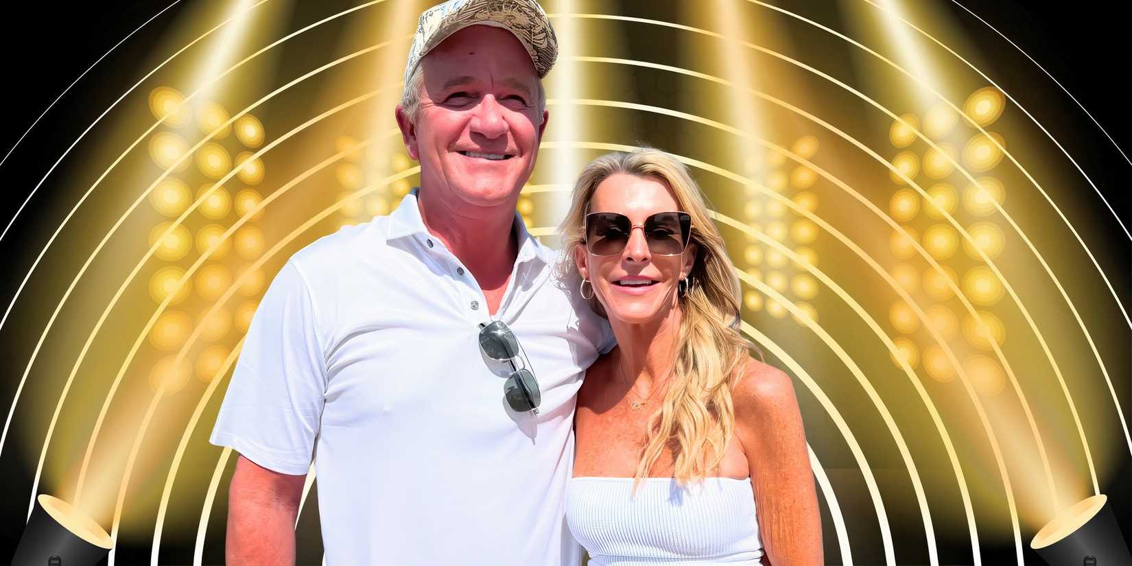 The Golden Bachelorette stars Chock Chapple and Joan Vassos smiling in montage with gold circles