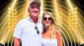 The Golden Bachelorette stars Chock Chapple and Joan Vassos smiling in montage with gold circles