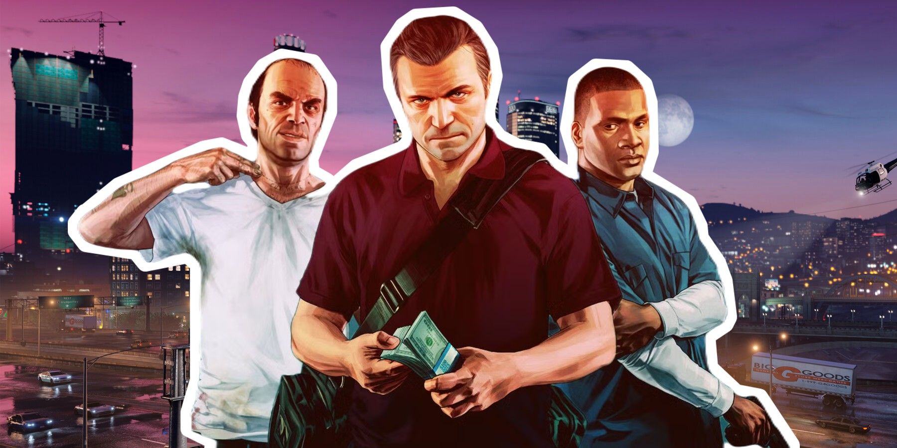 Grand Theft Auto 5 GTA5 GTA Trevor Franklin and Michael standing in front of a city, michael has money and frankling has a weapon.