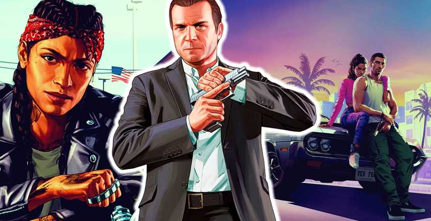 Grand Theft Auto 6 Michael in front of GTA 6 characters and a woman.