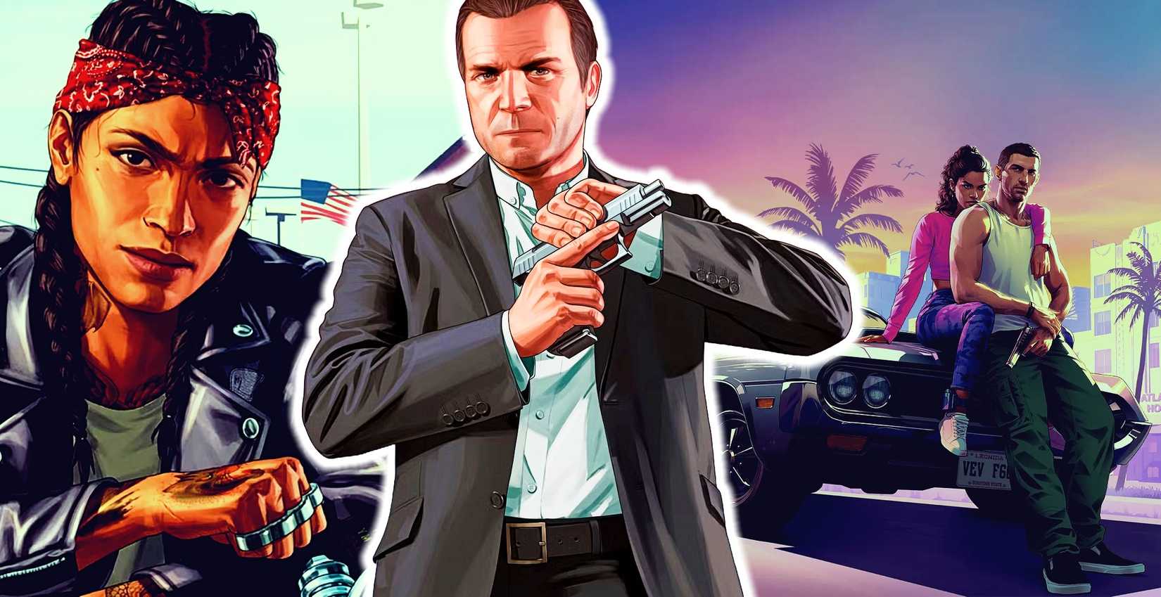 Grand Theft Auto 6 Michael in front of GTA 6 characters and a woman.