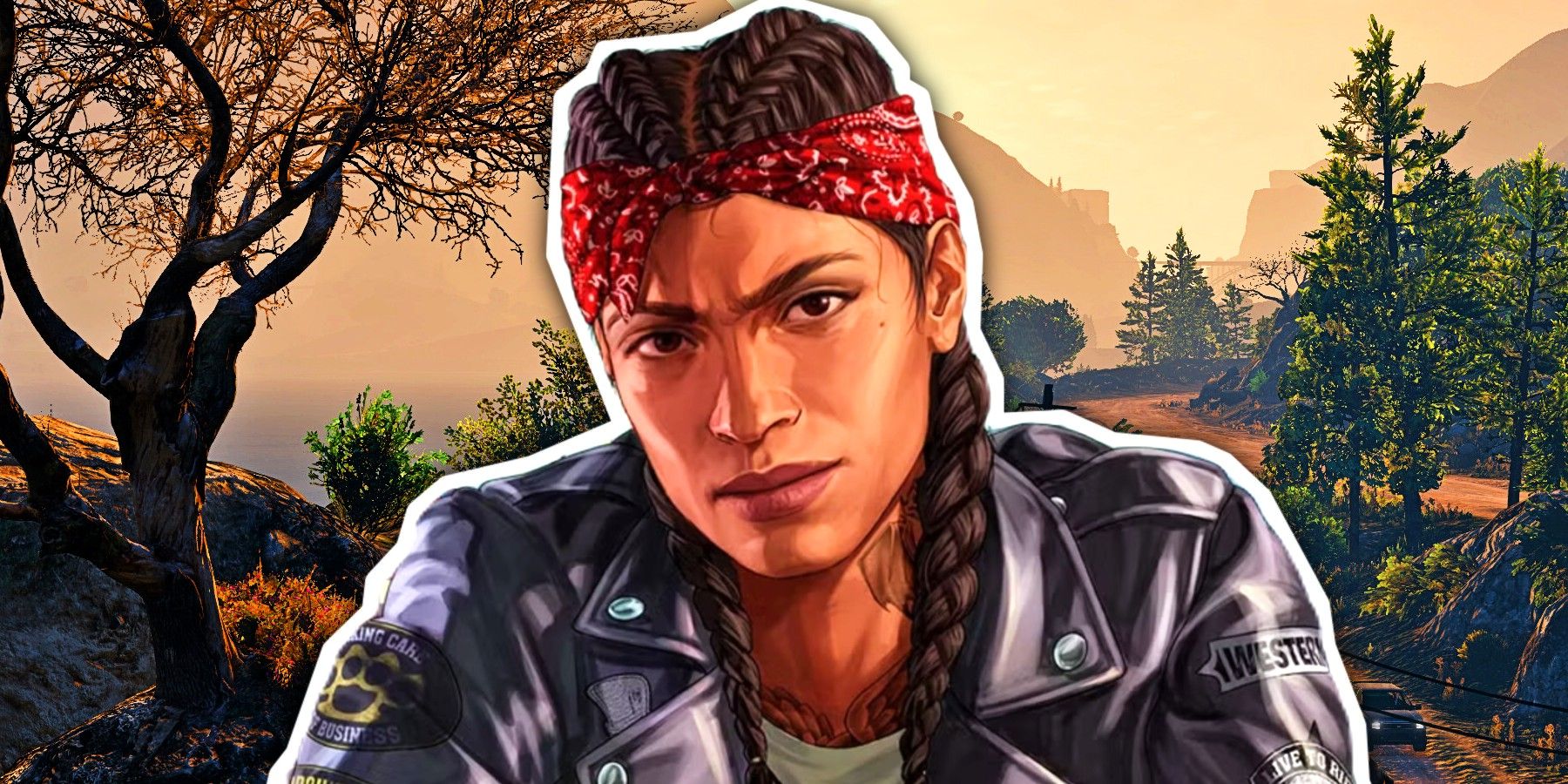Grand Thet Auto 5 character art from loading screen over forest from GTA 5.