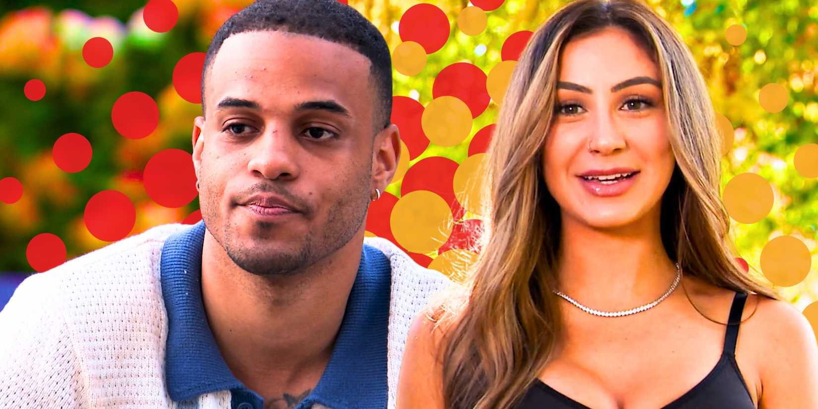 The Bachelor's Grant Ellis purses his lips and Juliana Pasquarosa smiles
