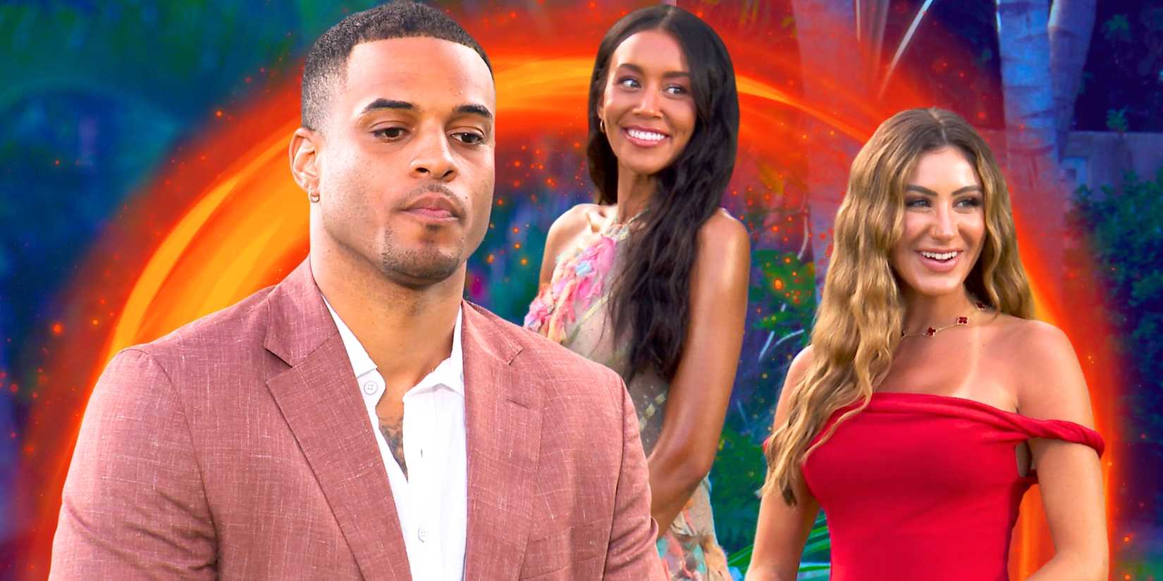 The Bachelor's Grant Ellis looks serious, with Juliana and Litia smiling in the background