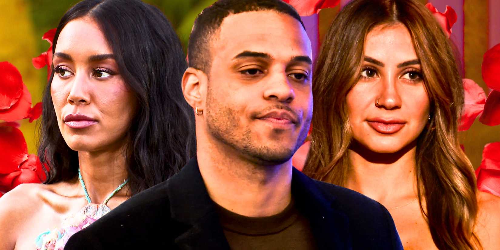The Bachelor's Grant Ellis purses his lips, flanked by Litia and Juliana
