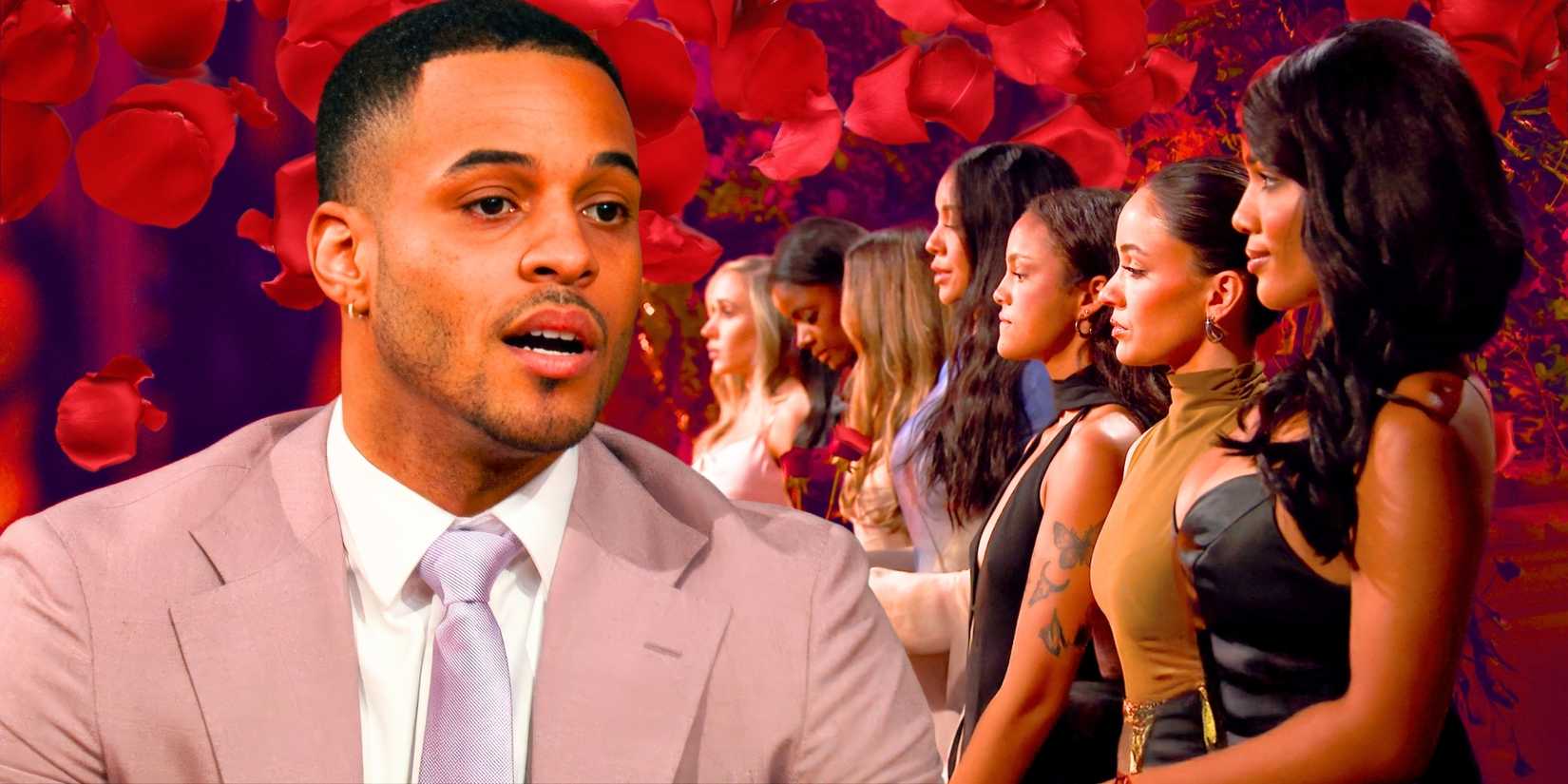 Grant Ellis opens his mouth, with The Bachelor women lined up next to him.