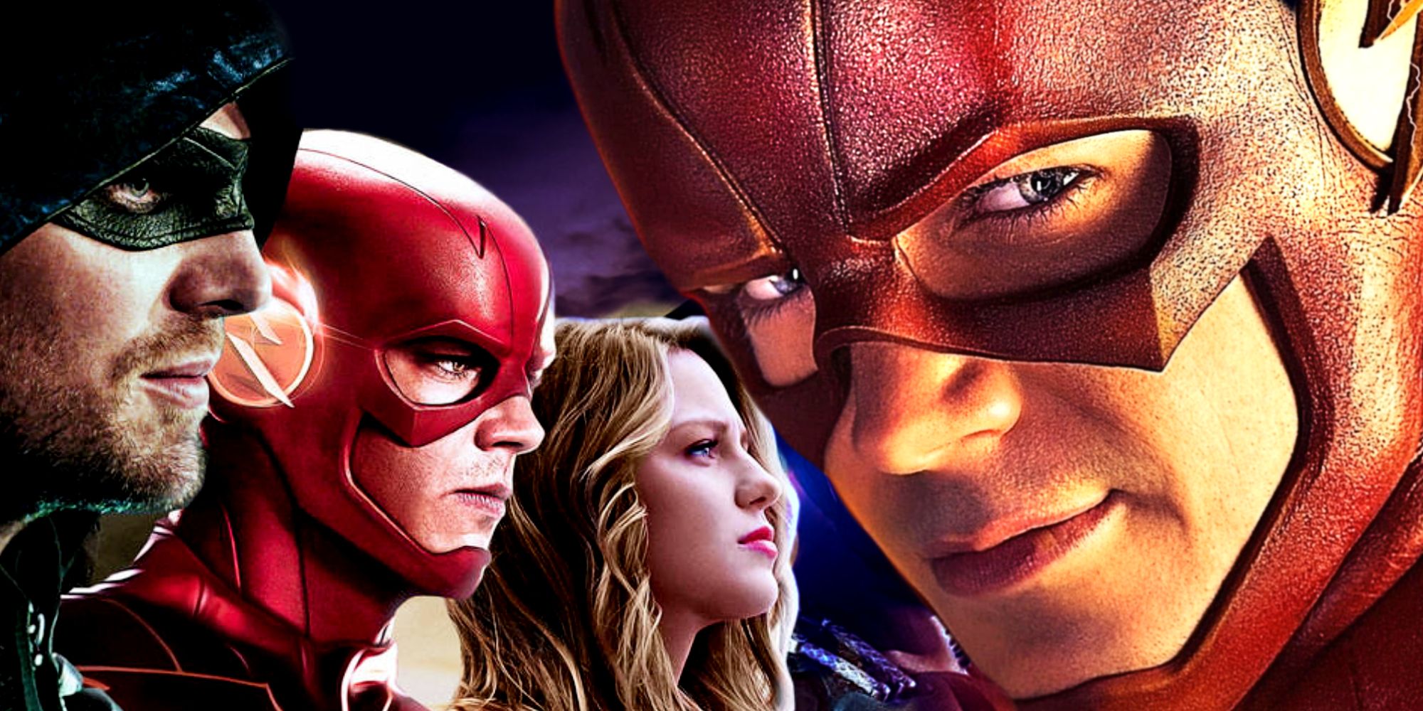 Grant Gustin&rsquo;s Barry Allen smiles in front of the Arrowverse&rsquo;s Green Arrow, Supergirl, and the Flash in The CW&rsquo;s Arrowverse
