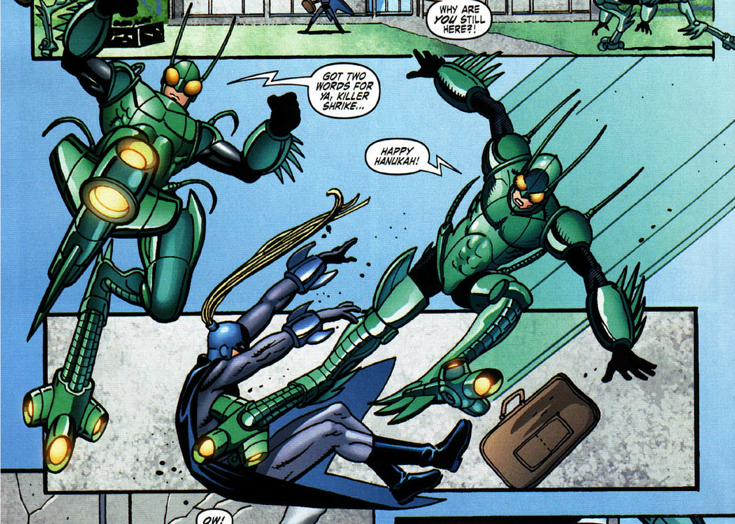 Marvel's grasshopper Neil Shelton kicks an enemy. 