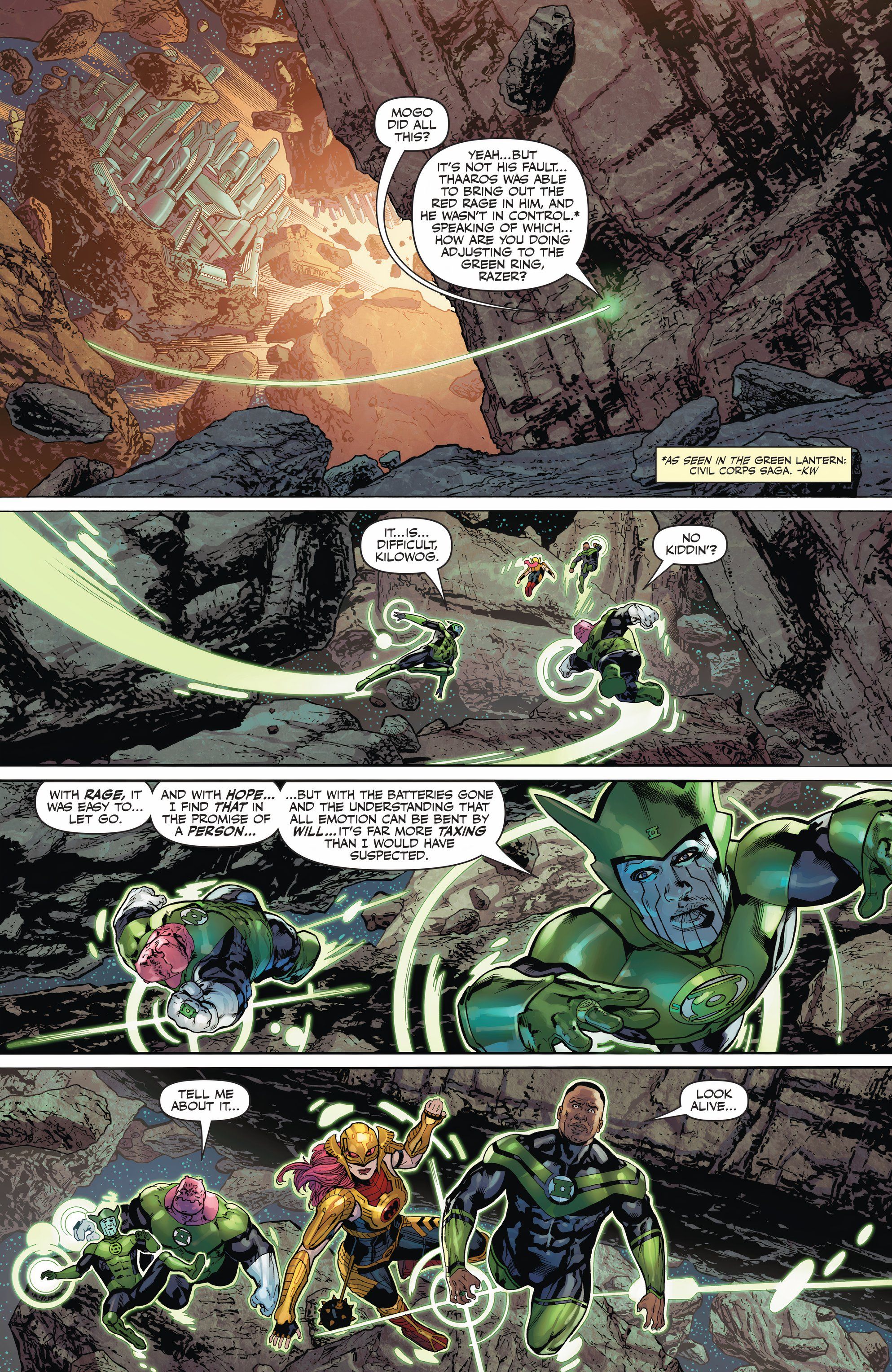 John Stewart and Razer discuss Razer&rsquo;s new Green Lantern ring as they fly through planetary debris.
