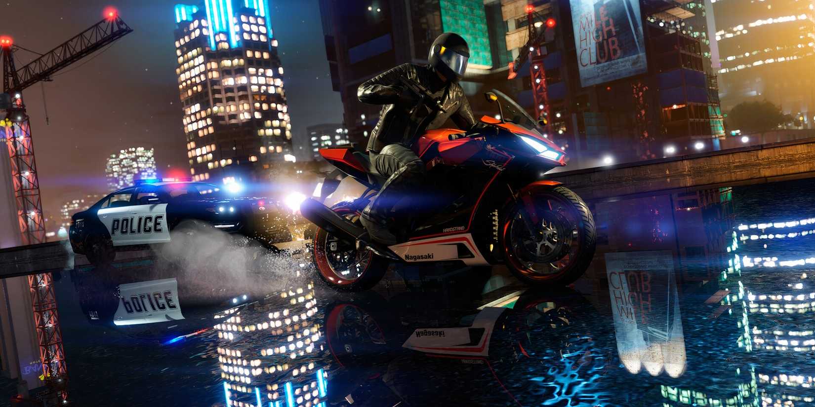 Character driving a motorbike at night away from the police in Grand Theft Auto 5.