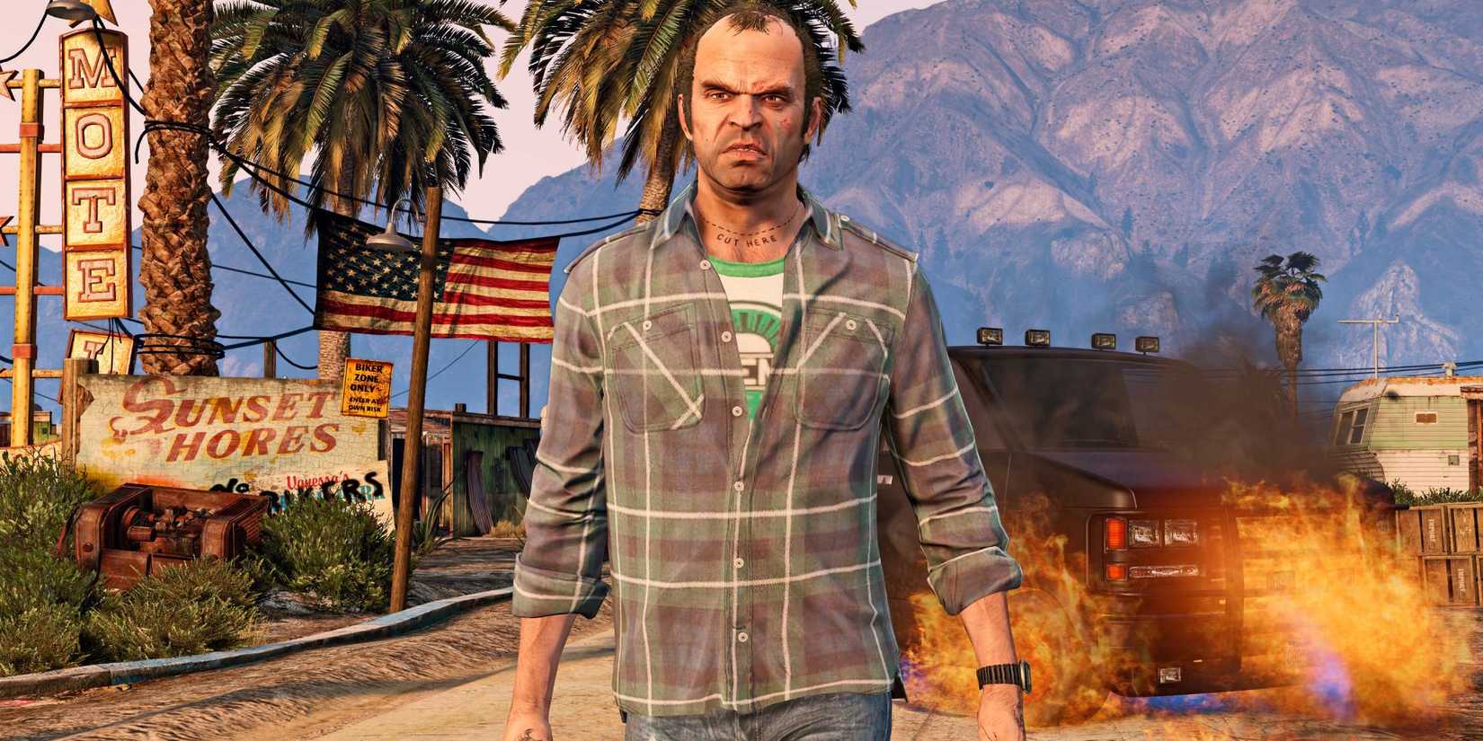 Trevor walking away from a burning police car in Grand Theft Auto 5.