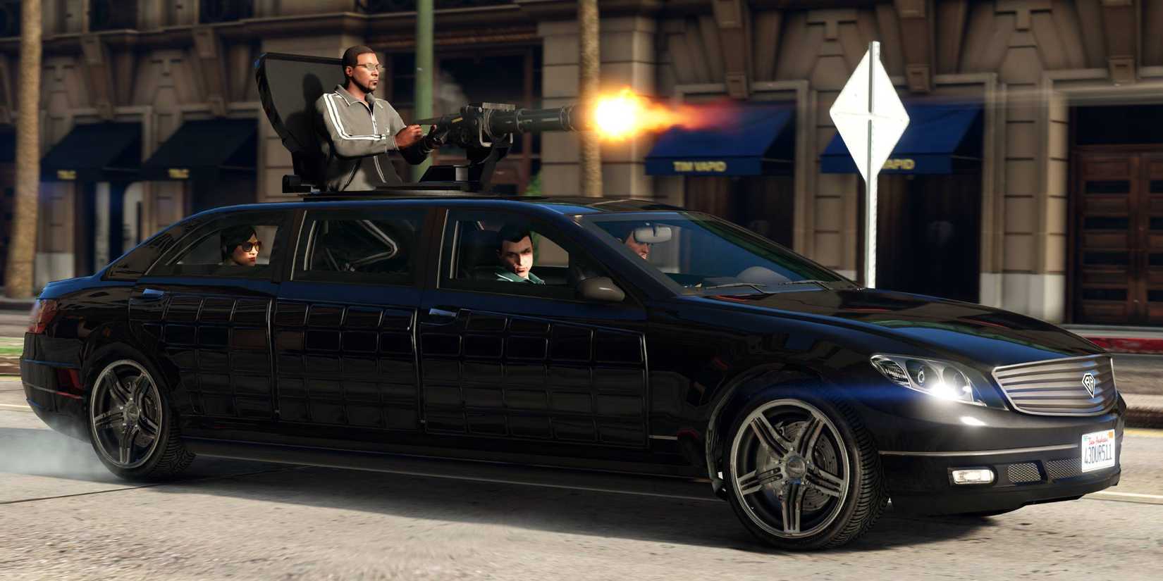 A group of players in a black limo shooting a gun out of the top in Grand Theft Auto 5 Online.