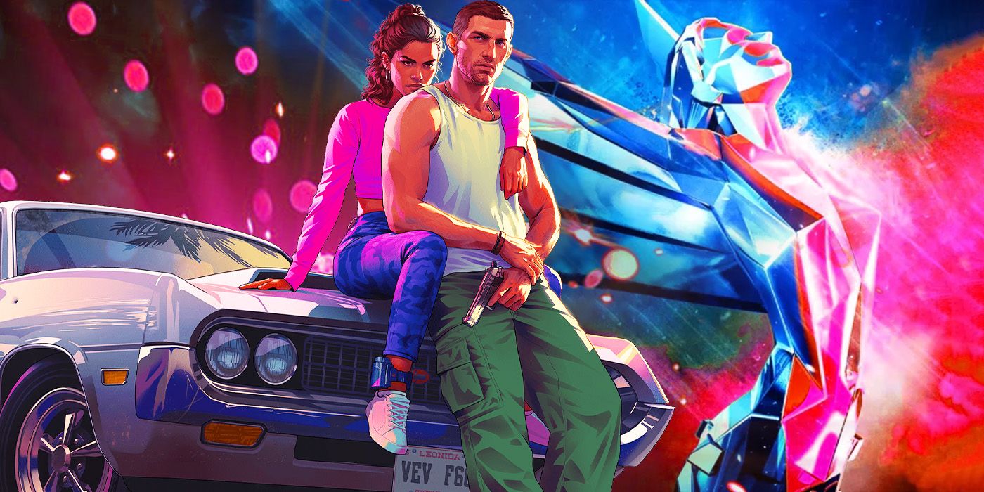 The protagonists of Grand Theft Auto 6 rest against a silver car. A trophy from The Game Awards is seen standing behind them.