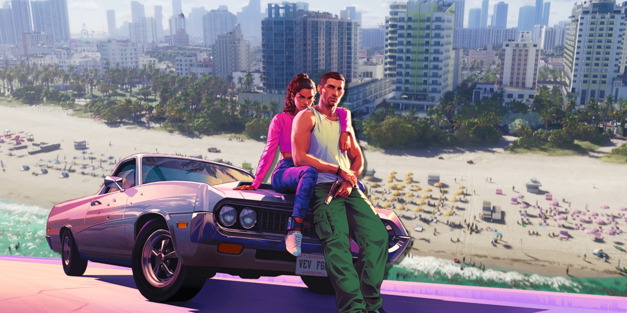 GTA 6&rsquo;s protagonists in front of an aerial view of a beach.