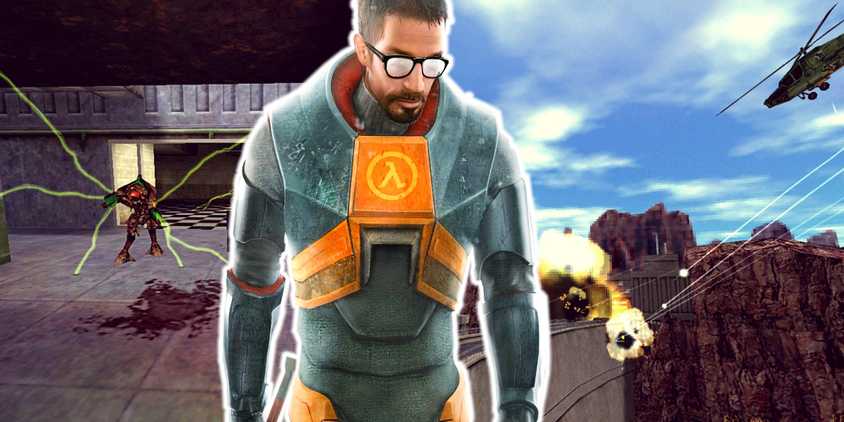 Half-Life Gordan Freeman in front of black mesa's dam being blown up and an alien