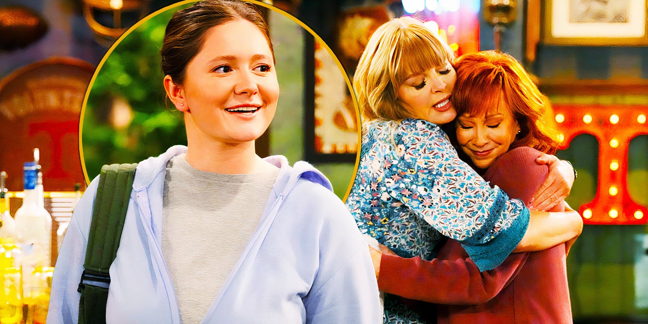 Emma Kenney smiling with a yellow circle around her next to an image of Reba McEntire and Melissa Peterman hugging in Happy's Place