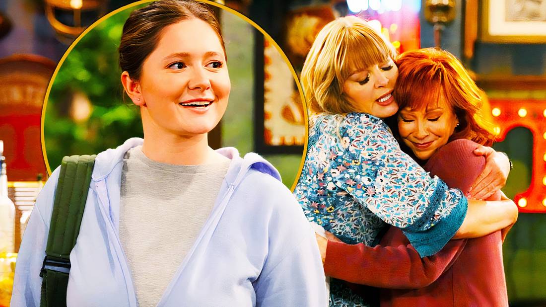 Emma Kenney smiling with a yellow circle around her next to an image of Reba McEntire and Melissa Peterman hugging in Happy's Place
