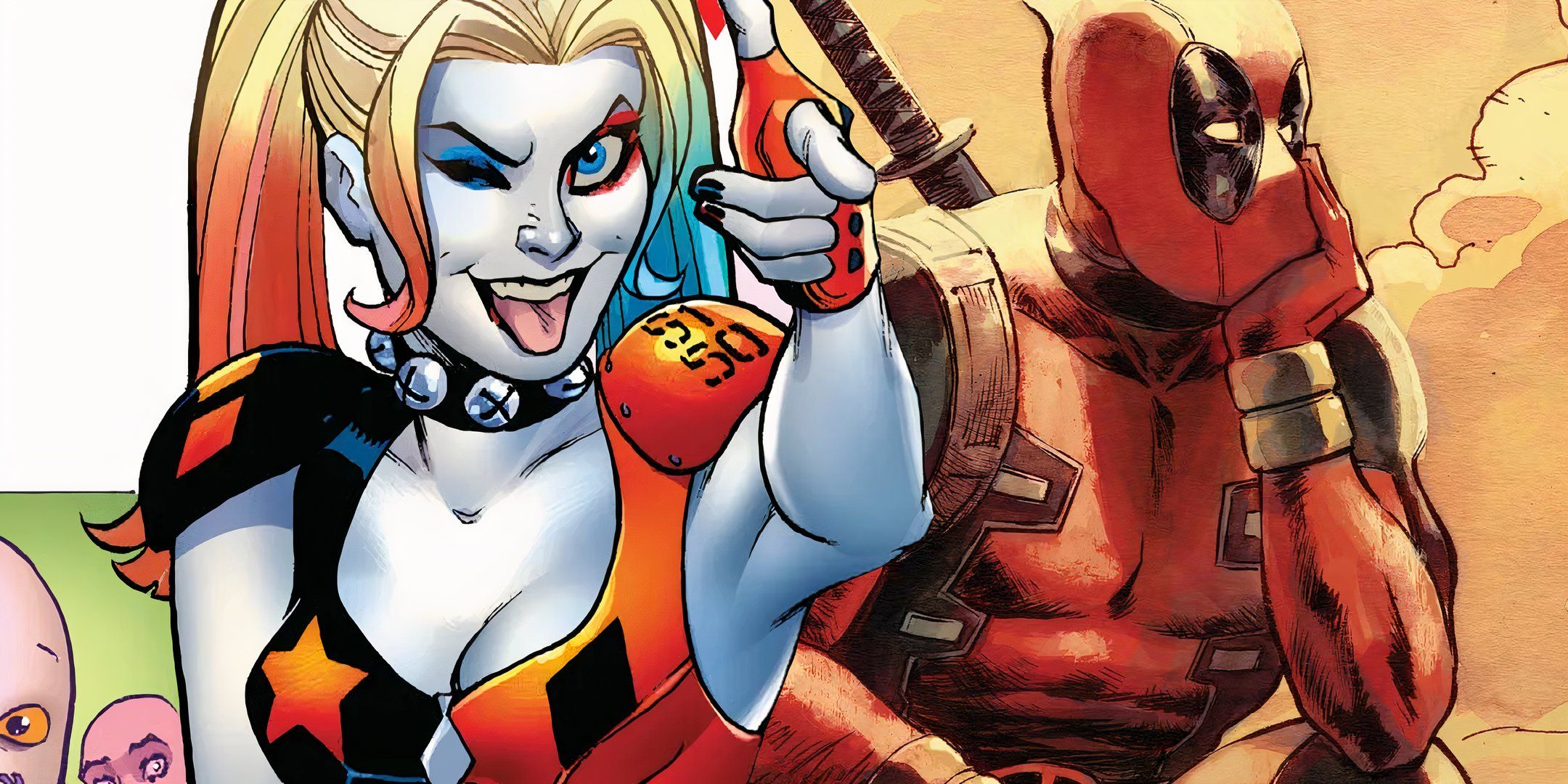Harley Quinn Doing Finger Guns Next to Deadpool DC Marvel