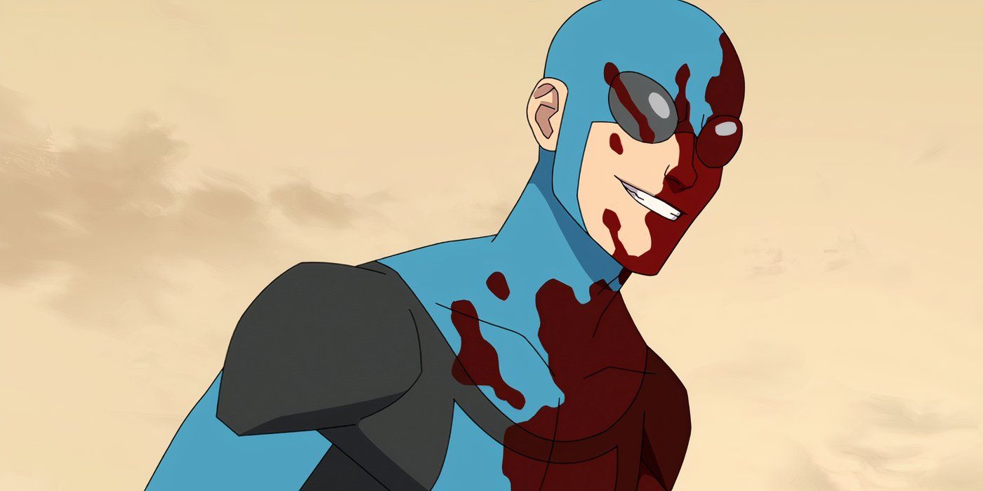 Head Cap Invincible smirking with blood on half of his body in Invincible season 3 (2025)