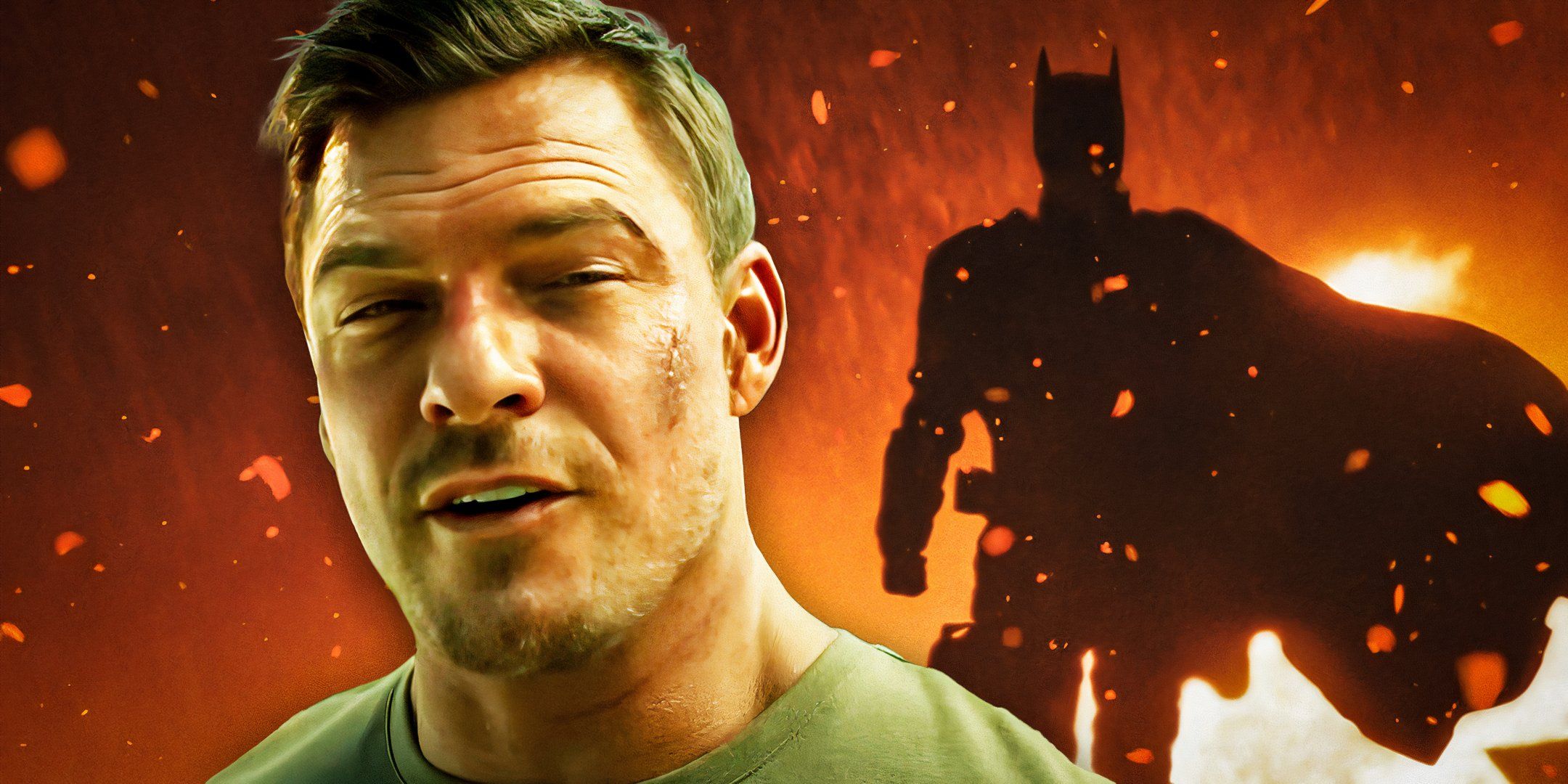 Alan Ritchson talking with Batman's shadow in the background