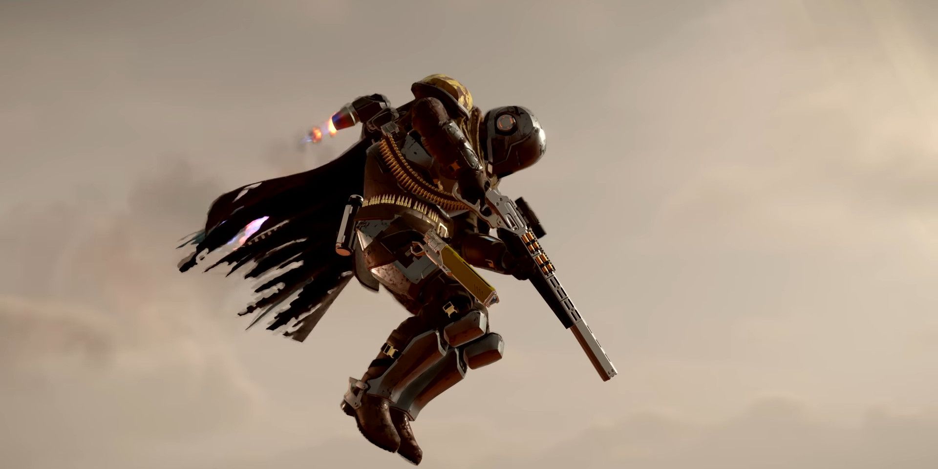 A Helldiver using the the LIFT-860 Hover Pack to float in the air in Helldivers 2.