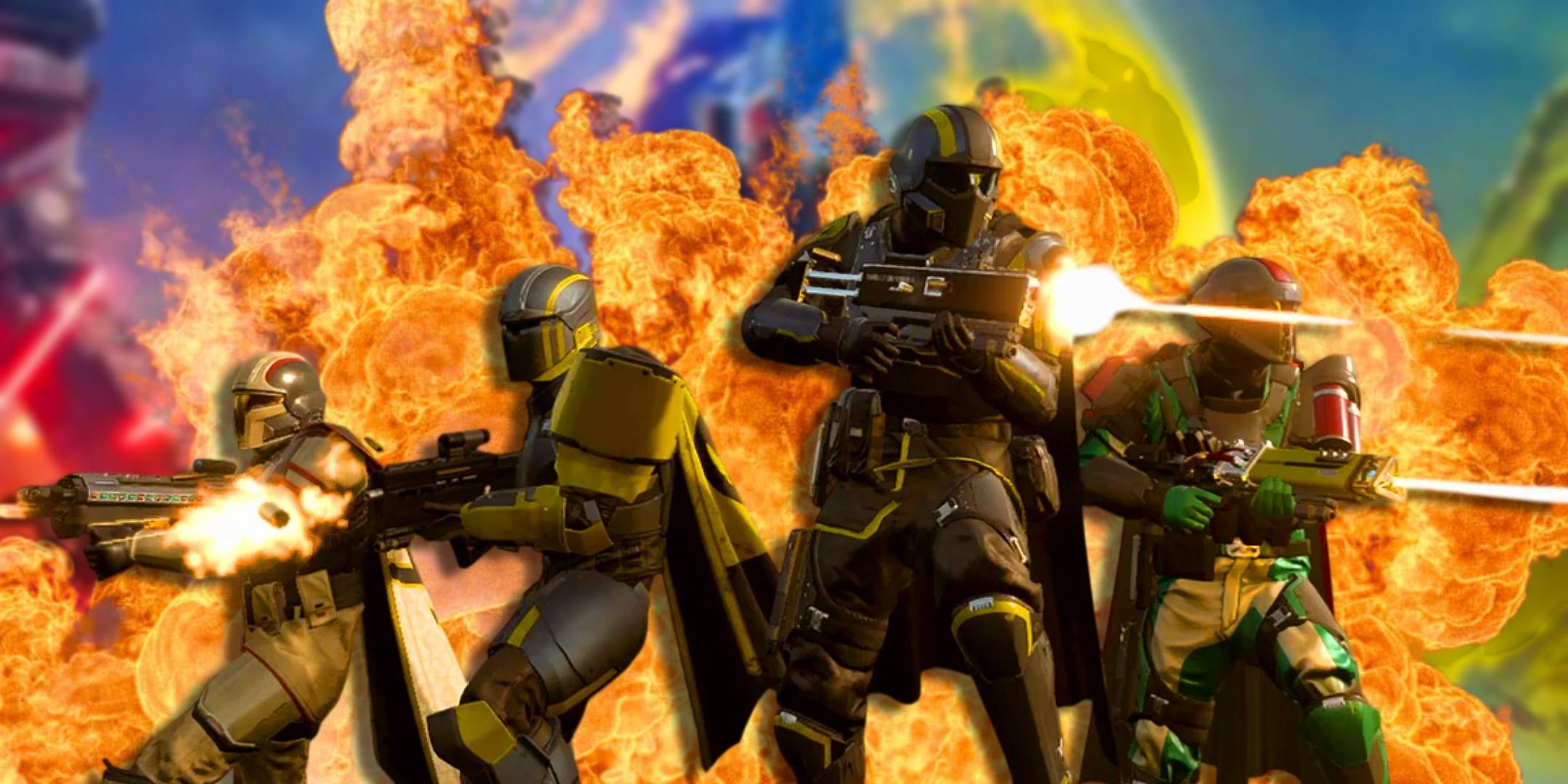 A squad of Helldivers from Helldivers 2 with a giant explosion behind them.