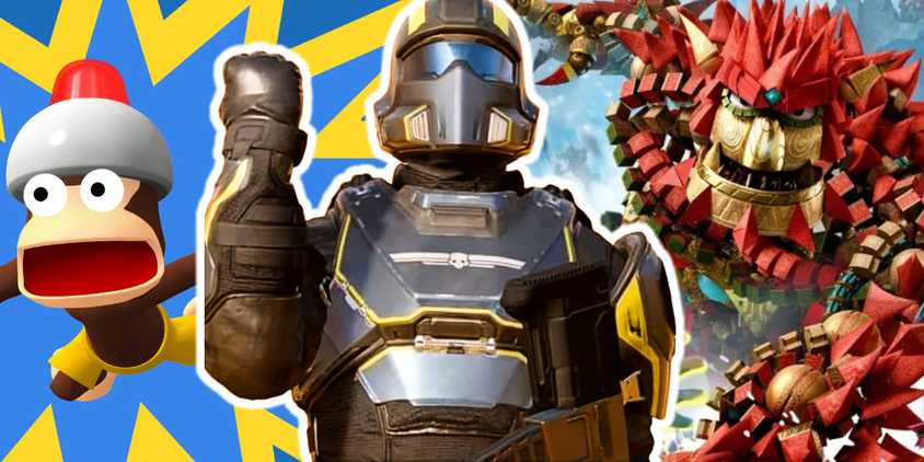 Helldivers person holding up a fist next to an ape from ape escape and the monster from knack.