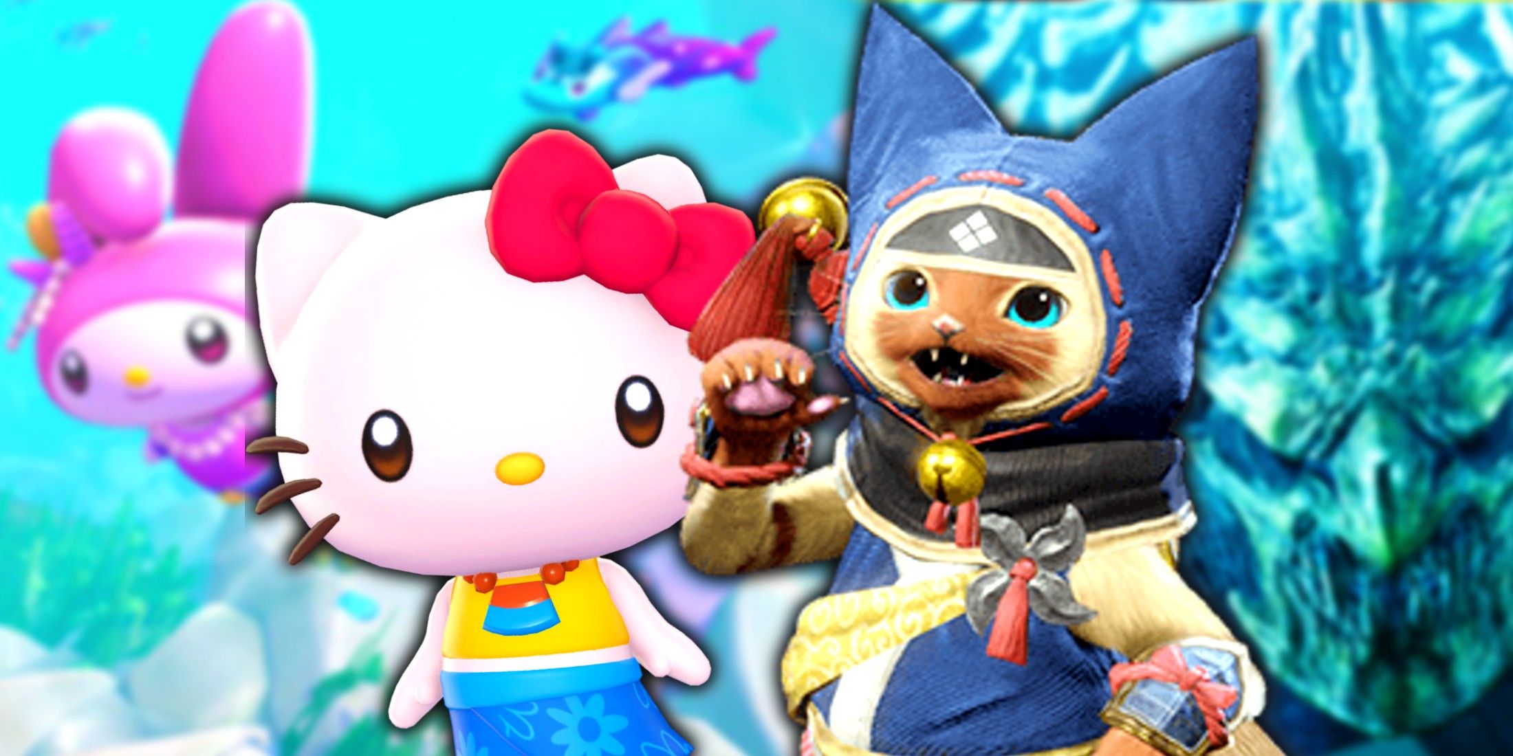 Hello Kitty and a palico from monster hunter standing side by side