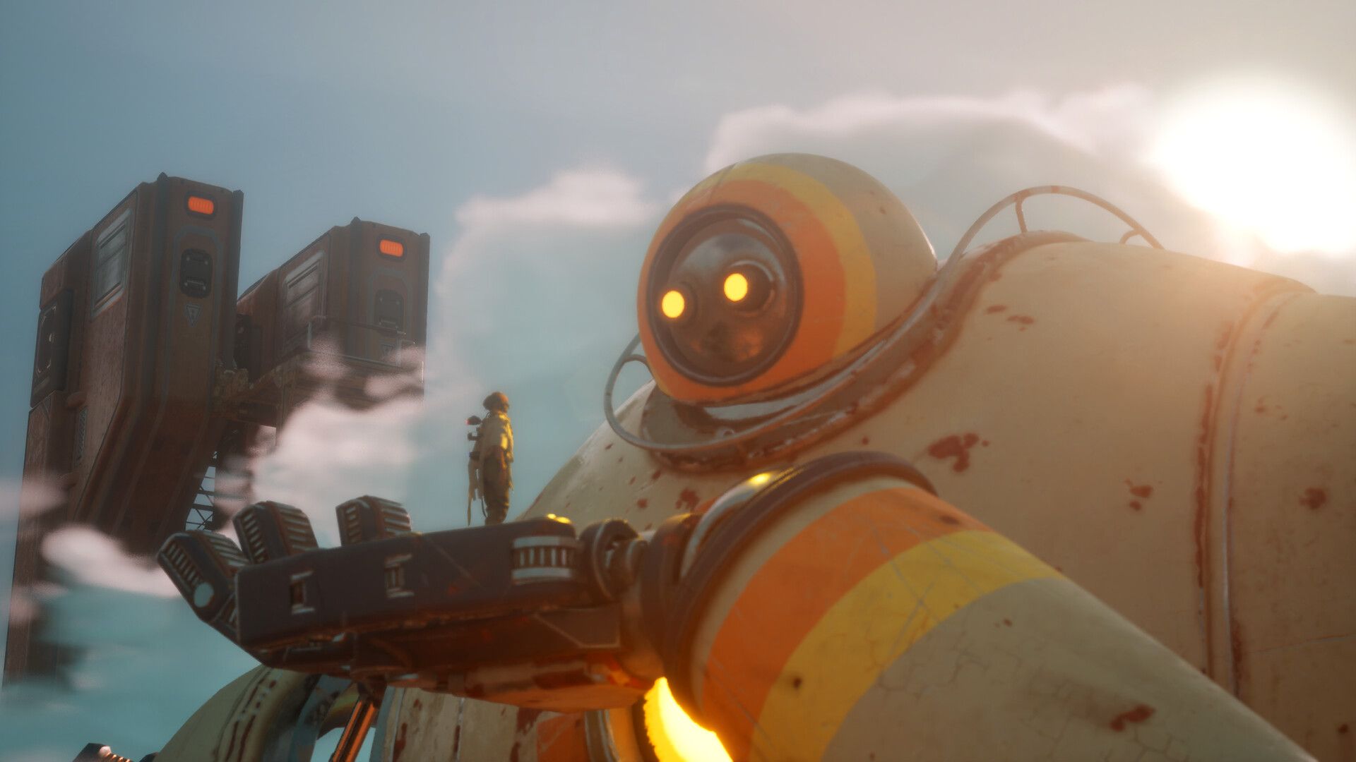 Hello Sunshine giant robot holding up the player on its hand