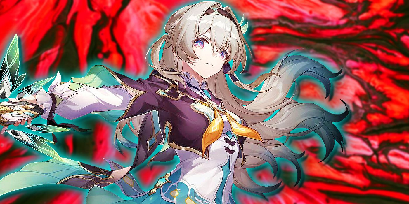 Honkai Star Rail&rsquo;s Firefly extends her arm outward, with lava in the background.