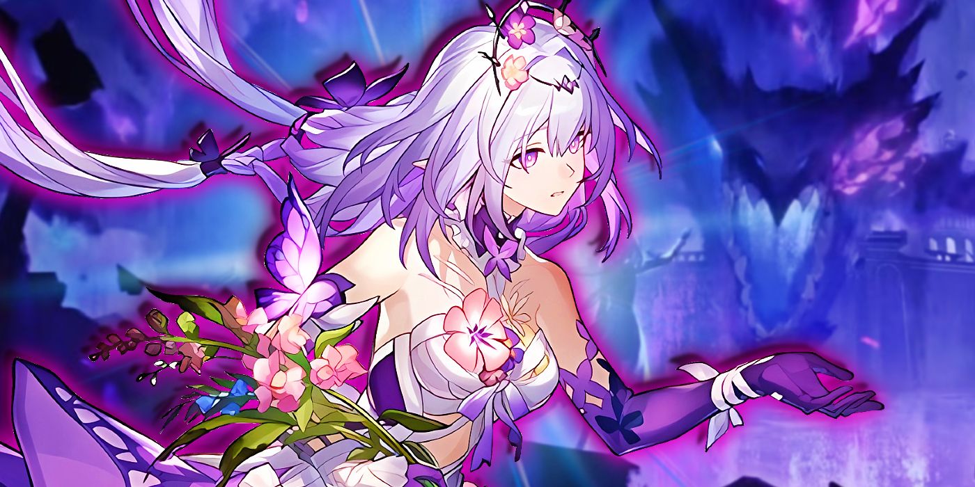 Honkai Star Rail&rsquo;s Castorice extends her hand forward, while a dragon lurks in the background.