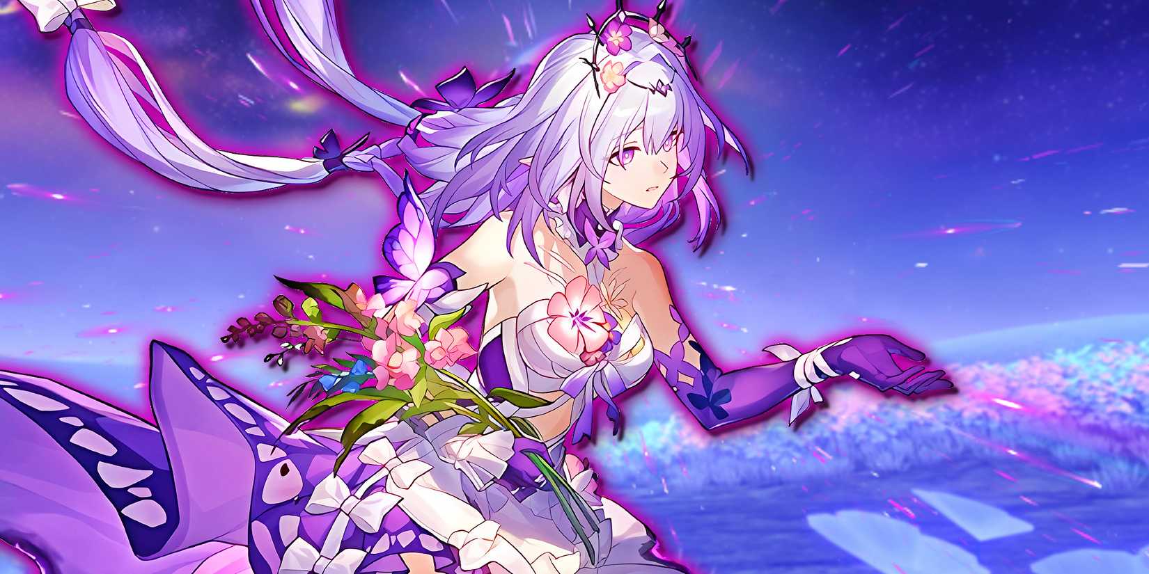 Honkai Star Rail's Castorice extends her hand in front of a field of flowers.