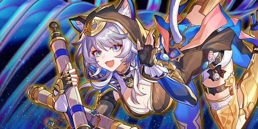 Honkai Star Rail's Cipher smiles as she holds scrolls.