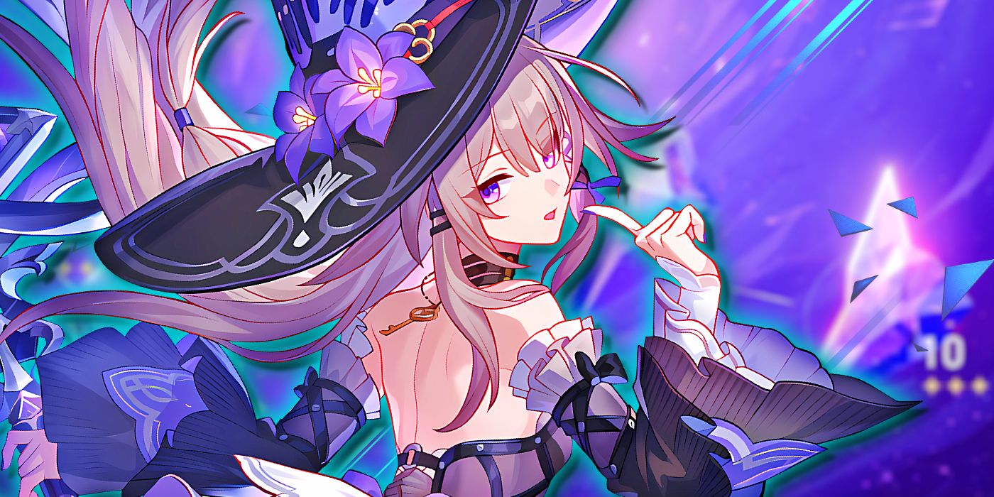 Honkai Star Rail's The Herta hushes the viewer, with the Memory of Chaos in the background.