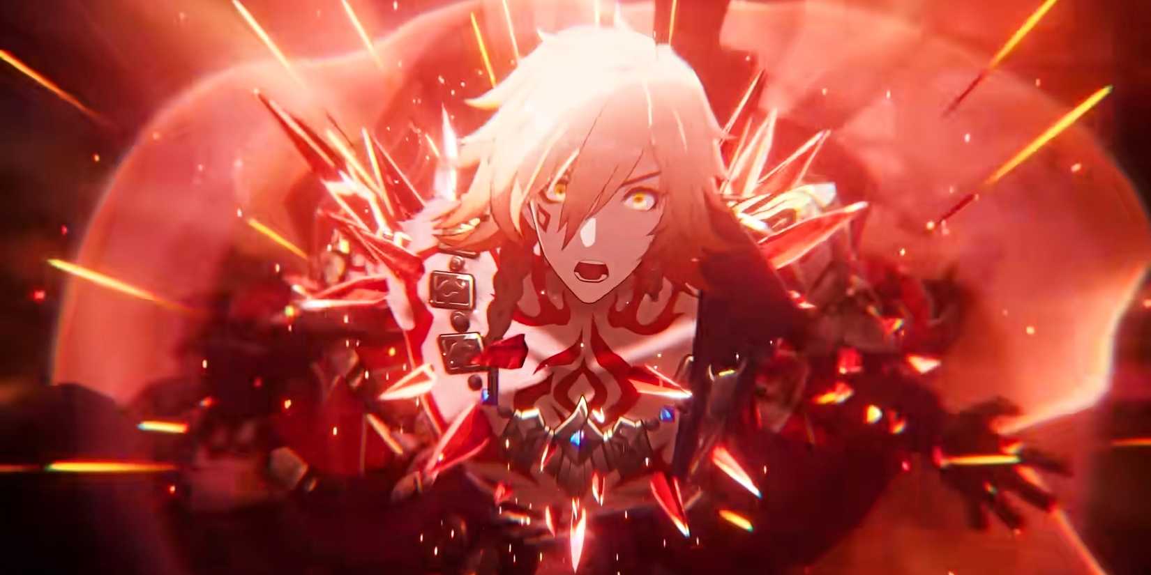 Honkai Star Rail's Mydei screams as crystals explode from his body.