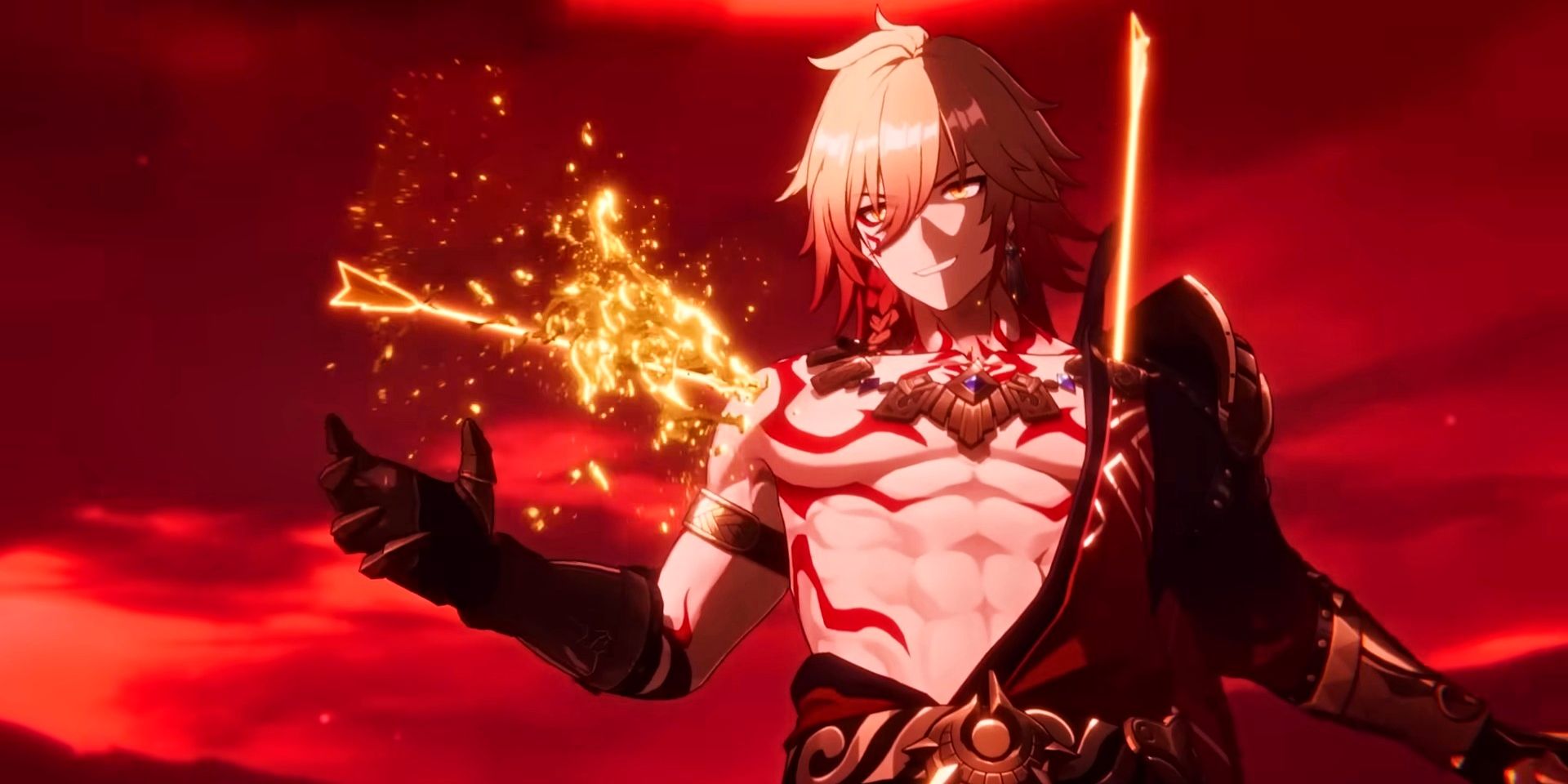 Honkai Star Rail&rsquo;s Mydei smirks with an arrow in his shoulder.