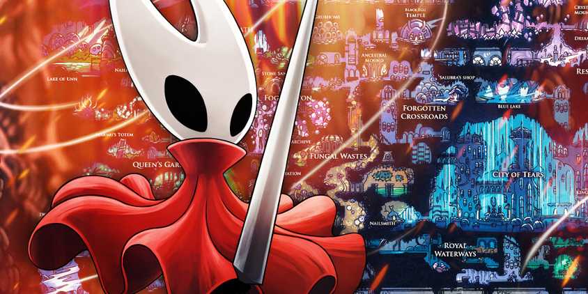Hornet in front of the Hollow Knight map
