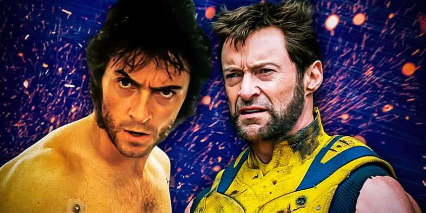 Hugh-Jackman-as-Wolverine-in-his-comic-book-outfit-in-Deadpool-&-Wolverine,-and-Hugh-Jackman-from-the-2000-X-Men-movie