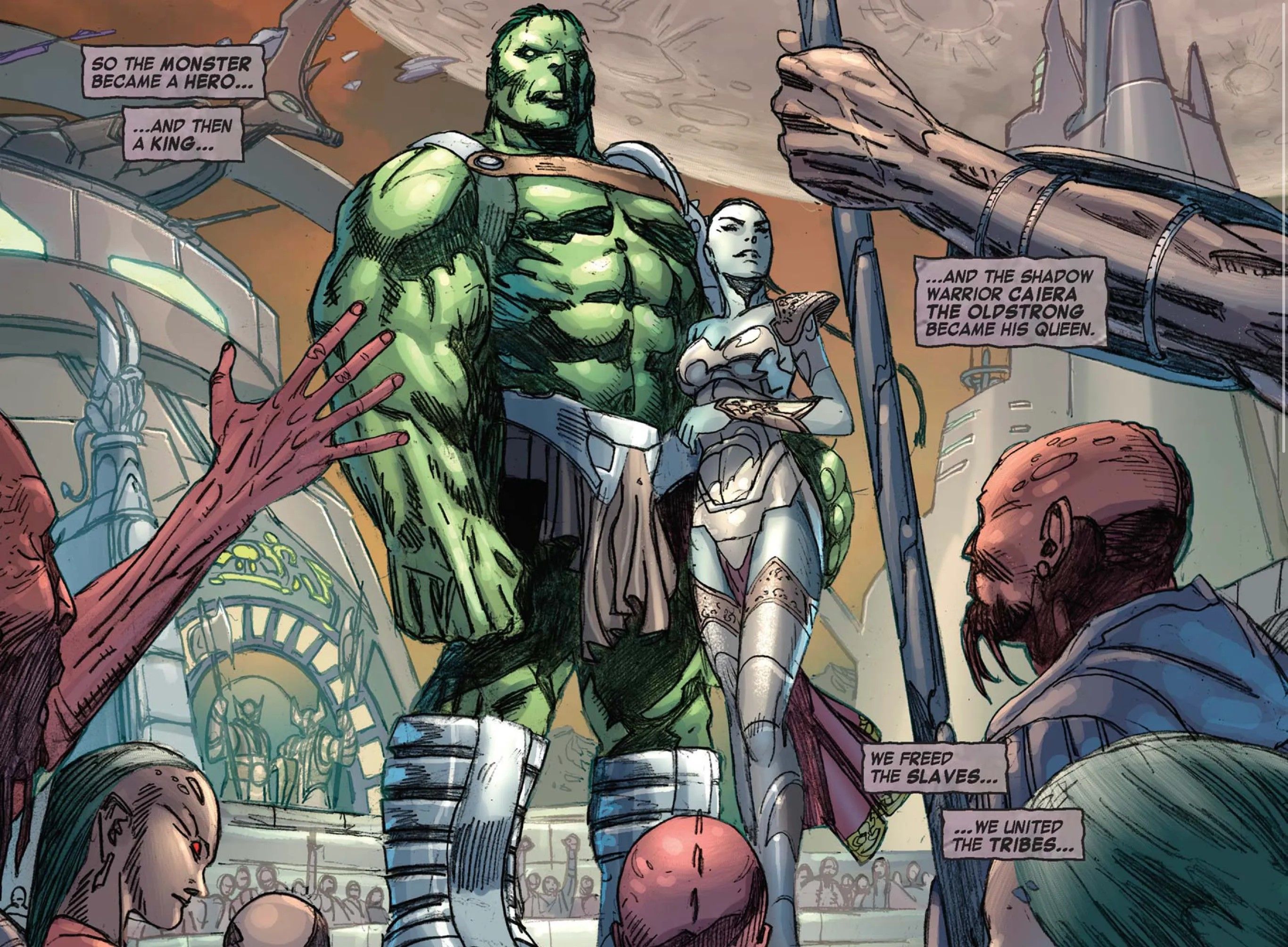 Hulk and Caiera after Hulk is crowned as Sakaar&rsquo;s ruler.