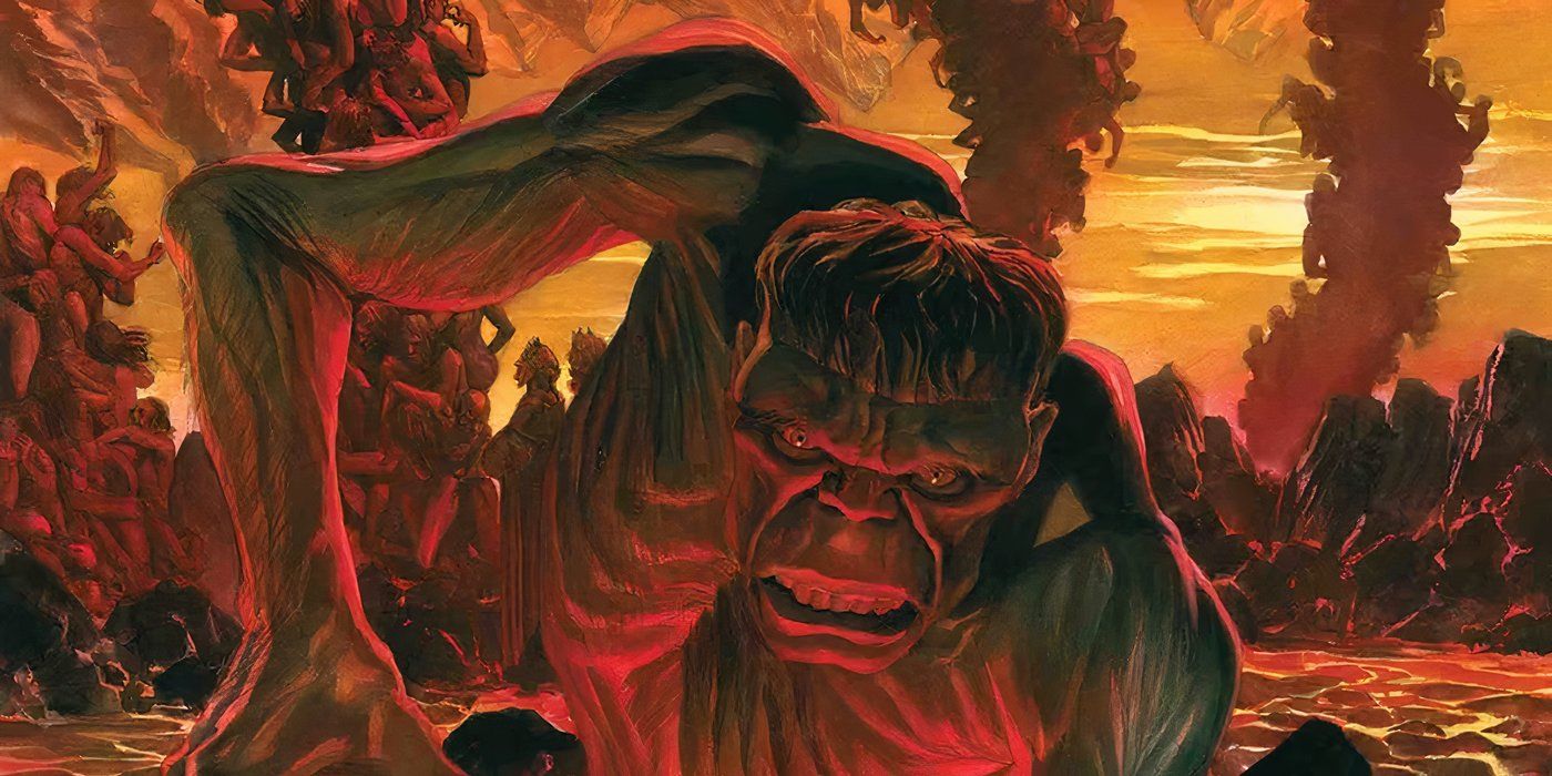A skinny Hulk crawling out of the ground with volcanoes and lava behind him.