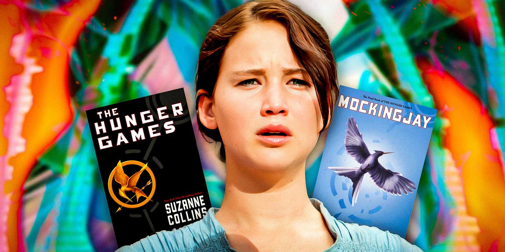 The covers of The Hunger Games and Mockingjay with Jennifer Lawrence as Katniss Everdeen in the middle and the Fable for the End of the World cover as the background