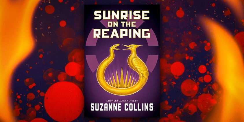 The cover of The Hunger Games: Sunrise on the Reaping with a purple background, red dots, and fire on the edges