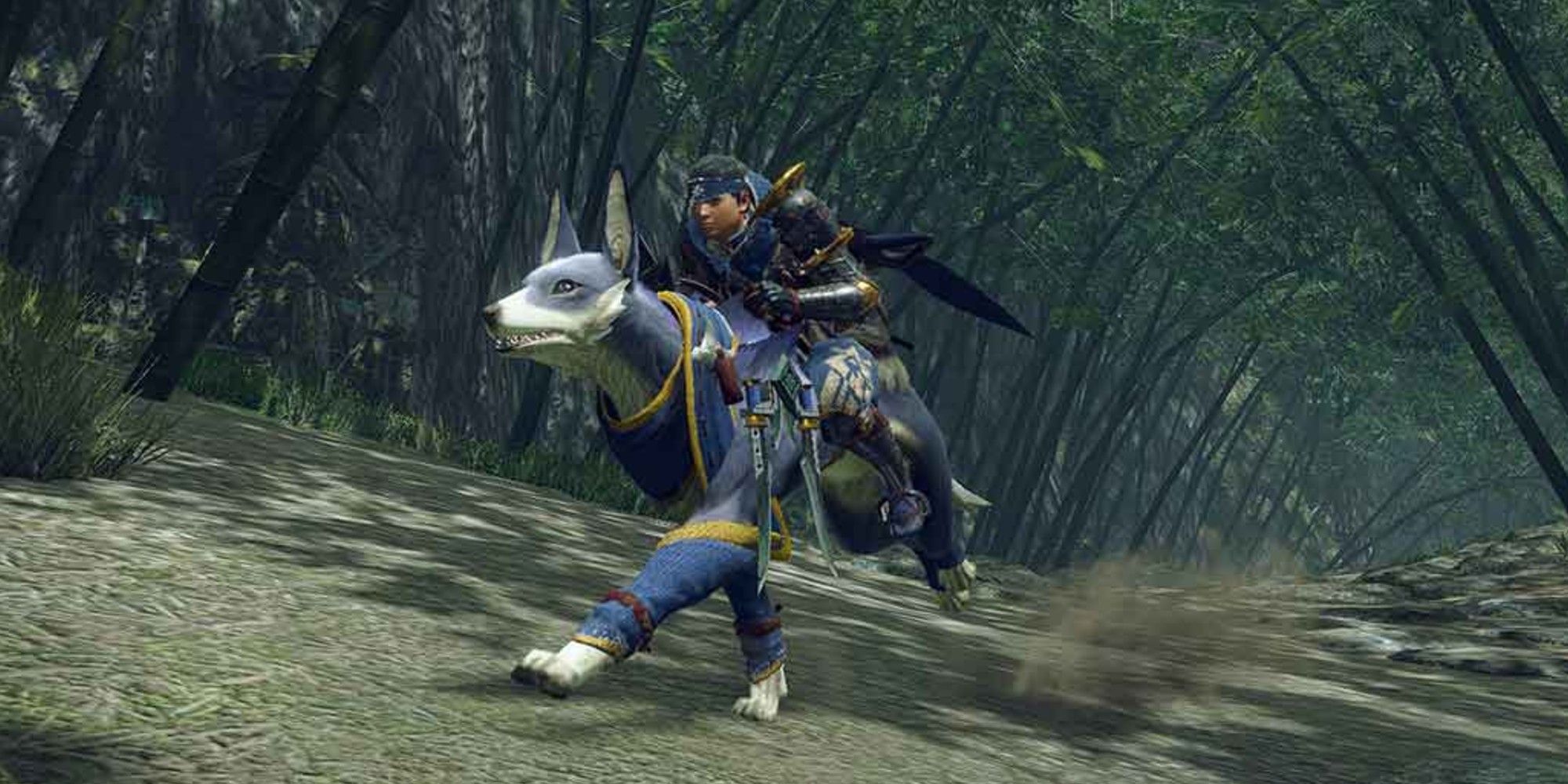 Hunter Riding Palamute in Monster Hunter Rise